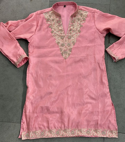Rose Pink Tissue Silk Kurta with Gold Handwork Embroidery