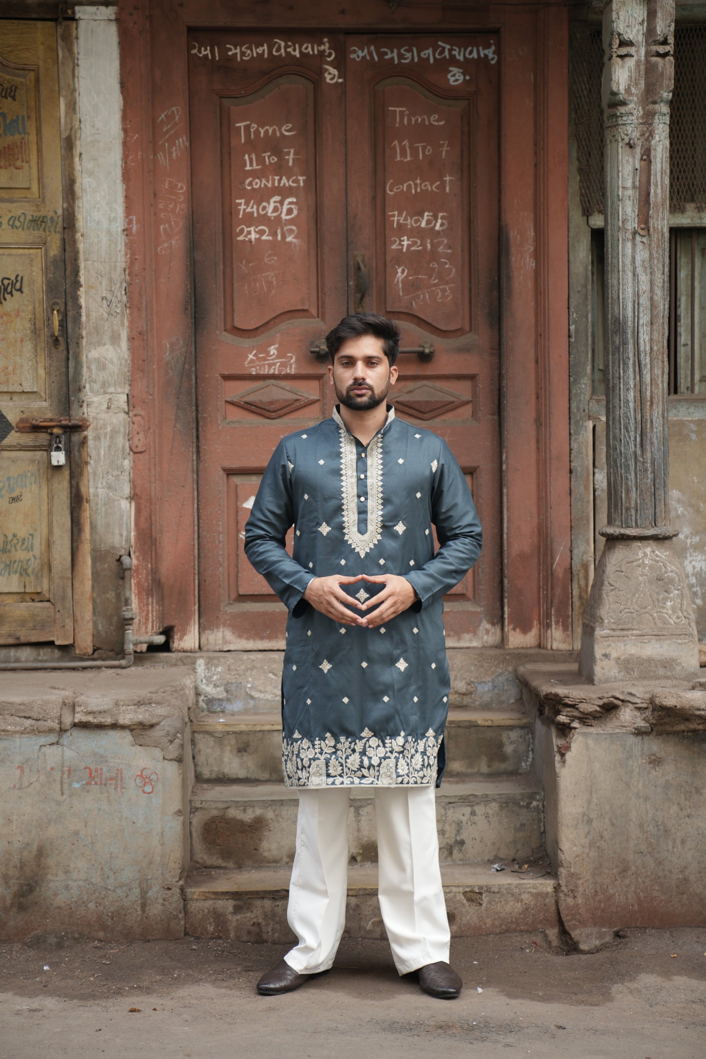 Slate Blue Tissue Kurta with Cream Machine Embroidery Work