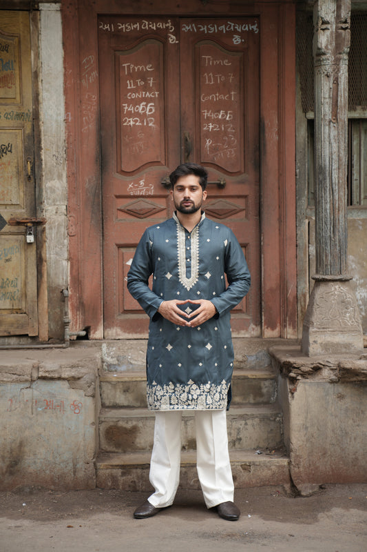 Slate Blue Tissue Kurta with Cream Machine Embroidery Work