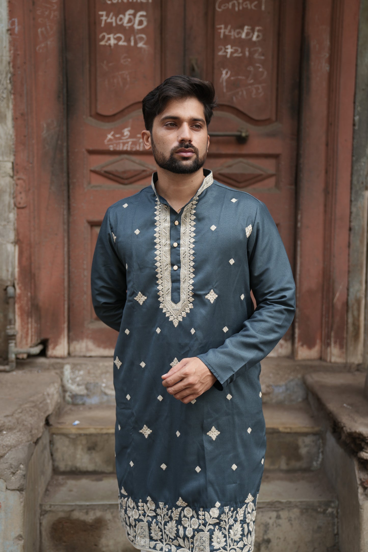 Slate Blue Tissue Kurta with Cream Machine Embroidery Work