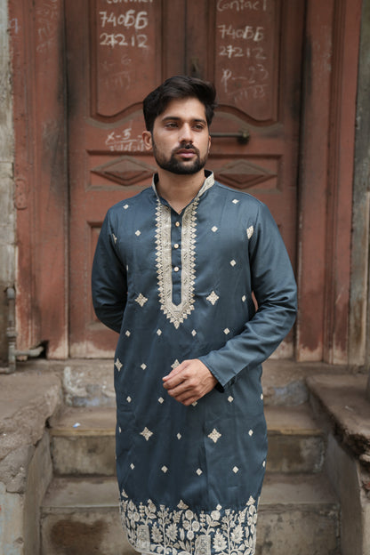Slate Blue Tissue Kurta with Cream Machine Embroidery Work