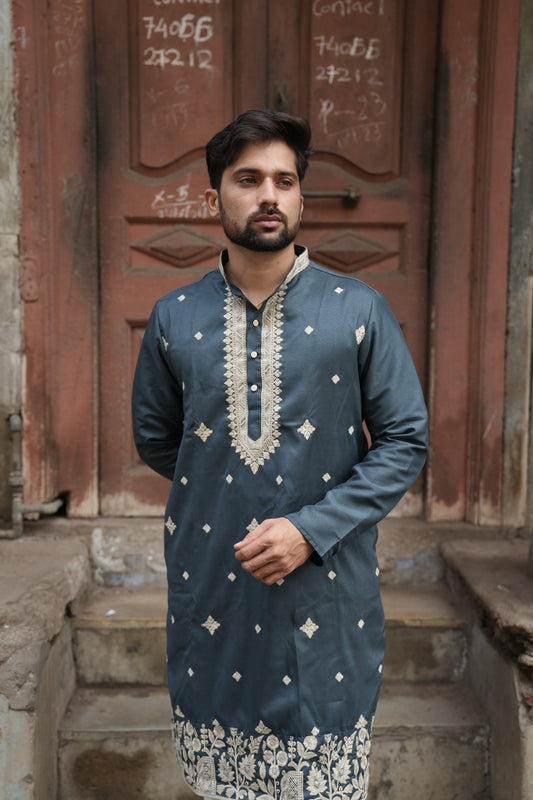Slate Blue Tissue Kurta with Cream Machine Embroidery Work