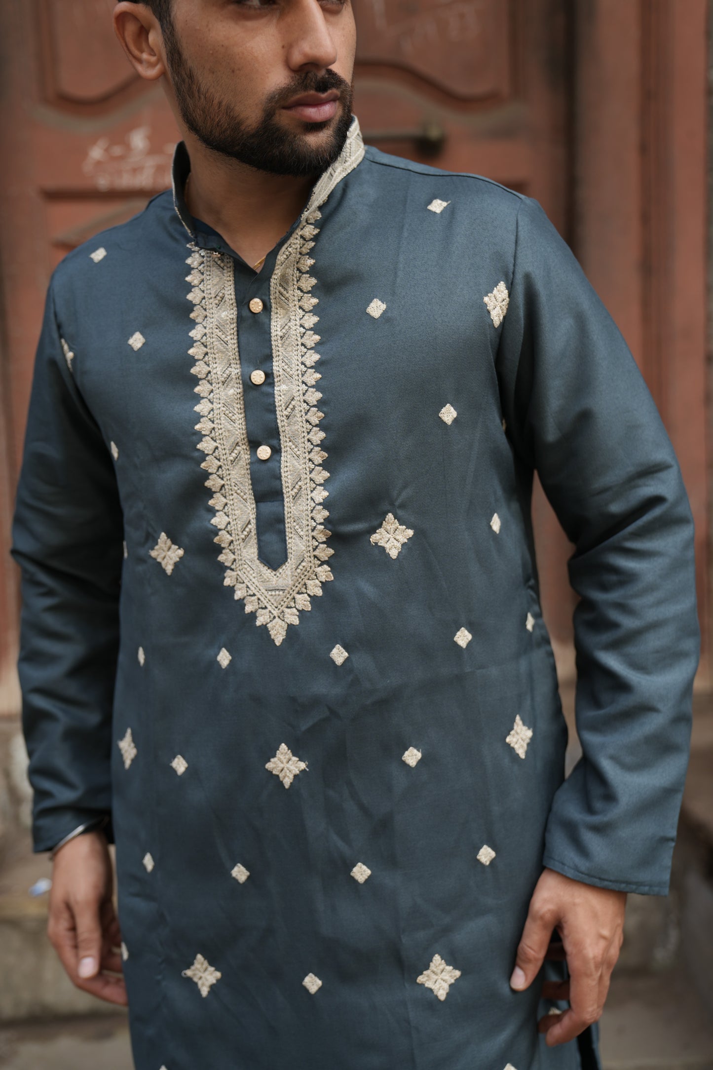 Slate Blue Tissue Kurta with Cream Machine Embroidery Work